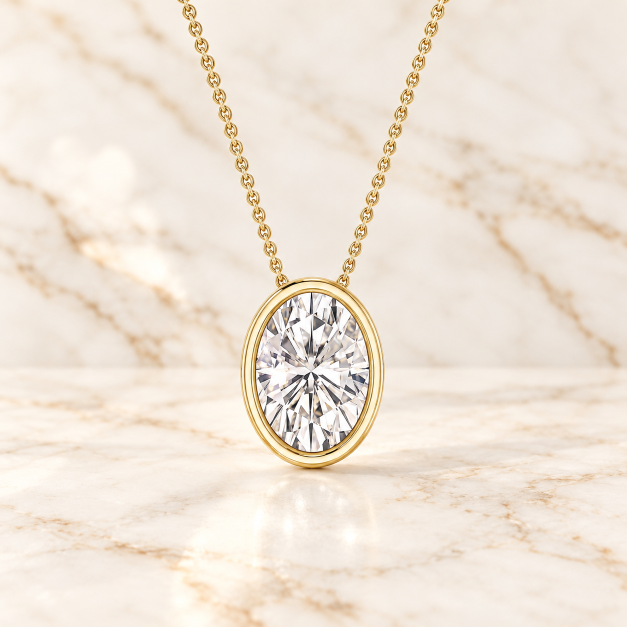 Oval Lab Grown Diamond Pendant Necklace Bezel Set 14K Gold IGI Certified Diamond Charm
