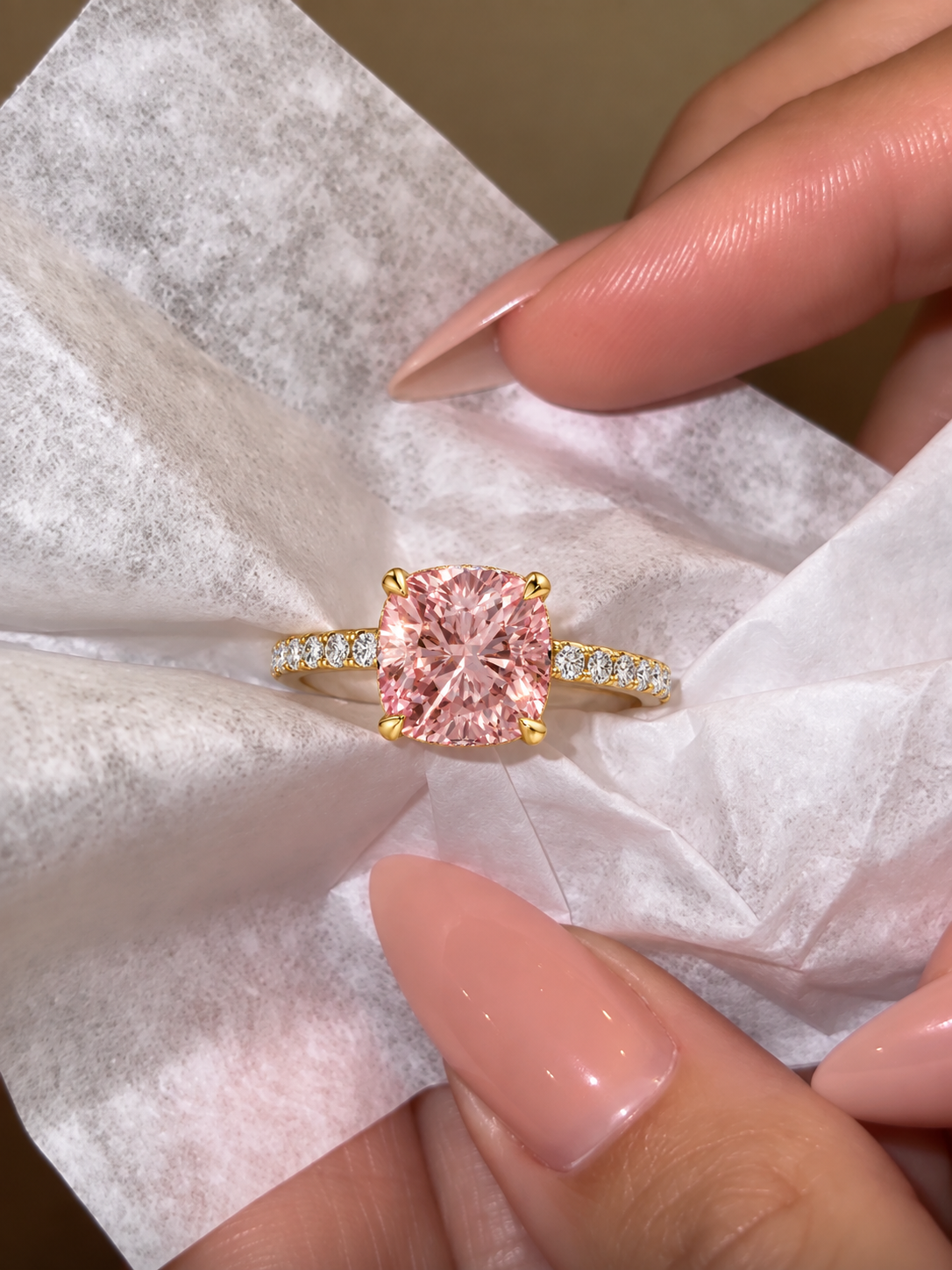 Pink Cushion Cut Lab Grown Diamond Ring, 14K Yellow Gold Pave Band (IGI Certified)