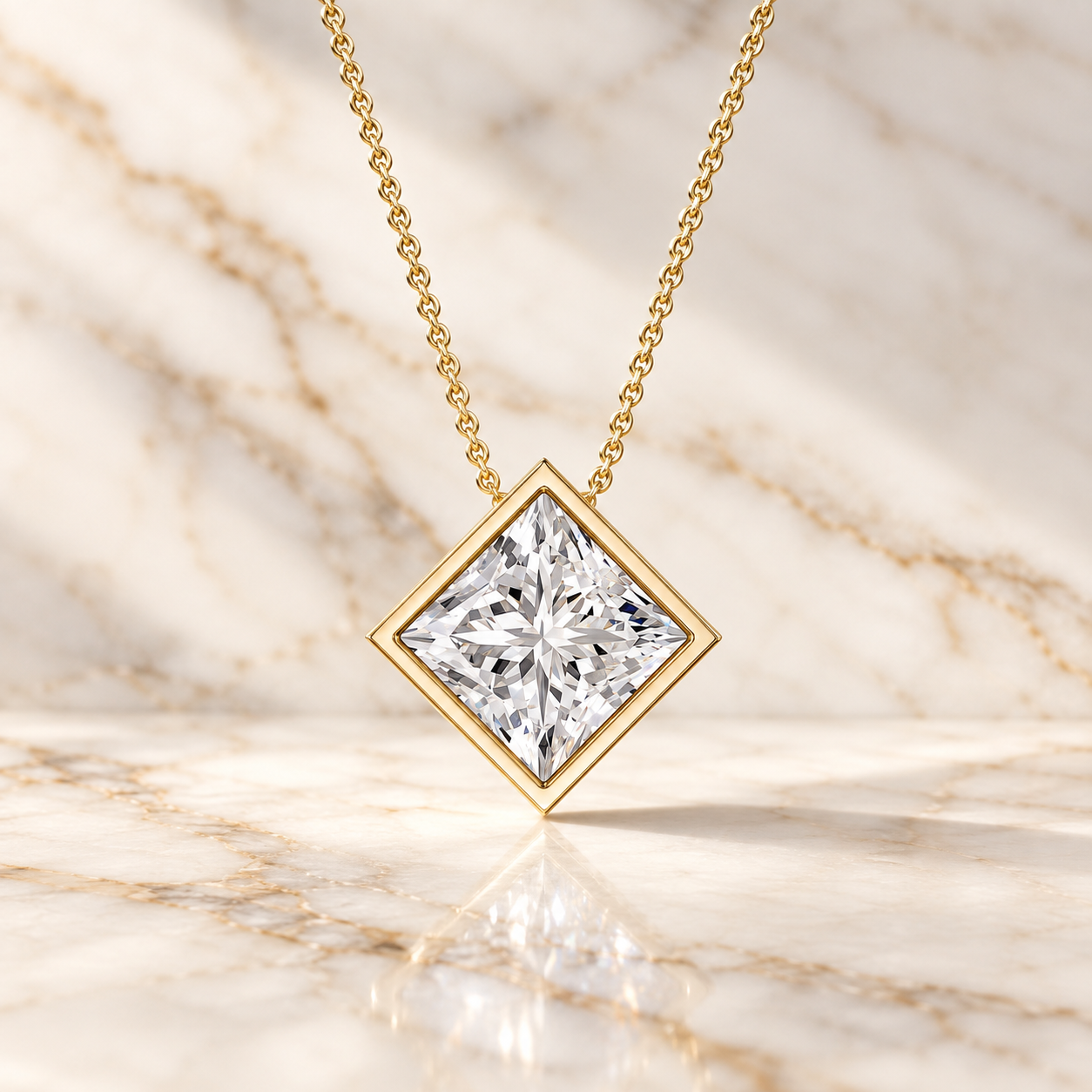 Princess Cut Lab Diamond Pendant Necklace Bezel Solitaire 14K Gold IGI Certified E VVS2
