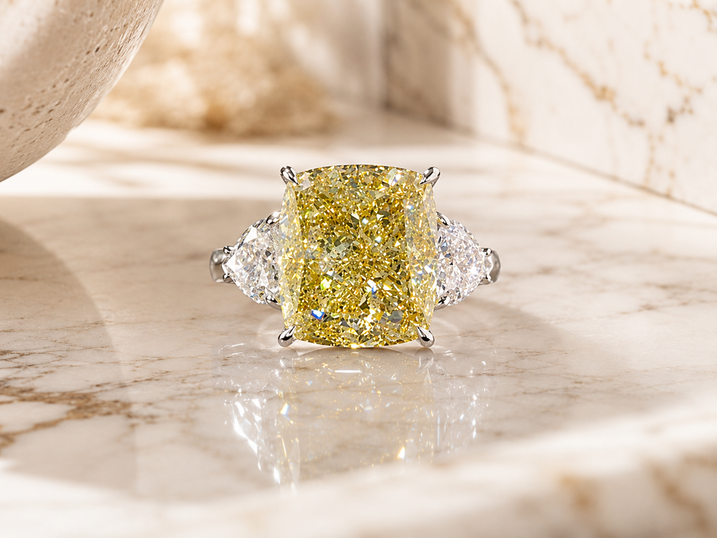 Fancy Yellow Lab Grown Diamond Engagement Ring Cushion Cut Three Stone Platinum IGI Certified