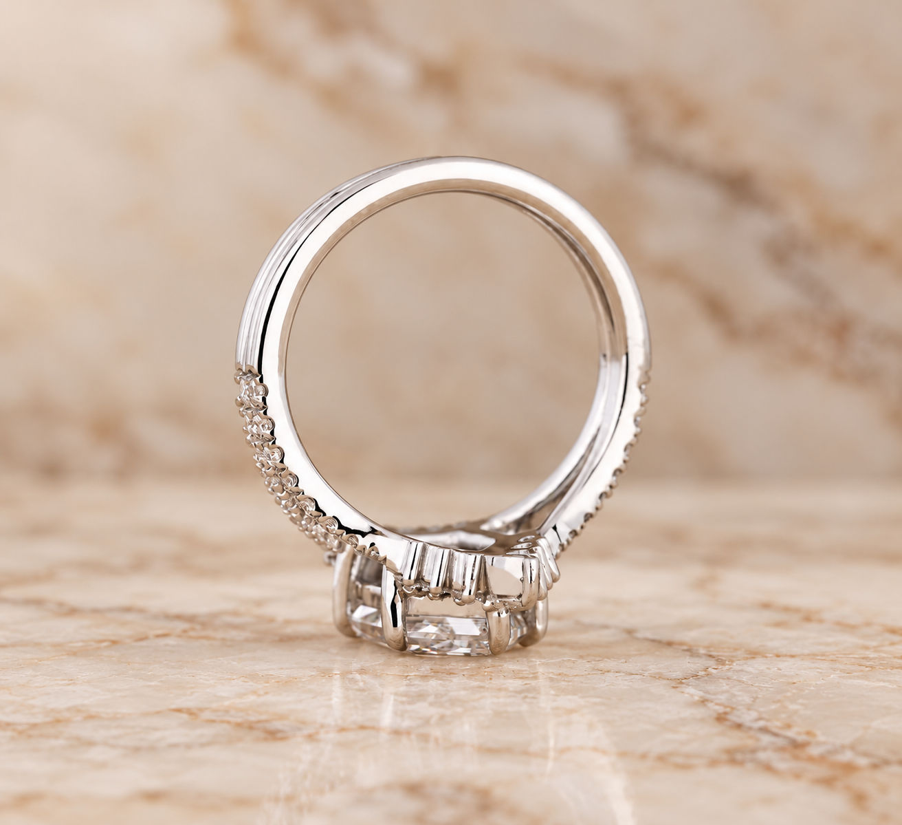 Elongated Hexagon Lab Grown Diamond Engagement Ring Split Shank 14K White Gold IGI Certified