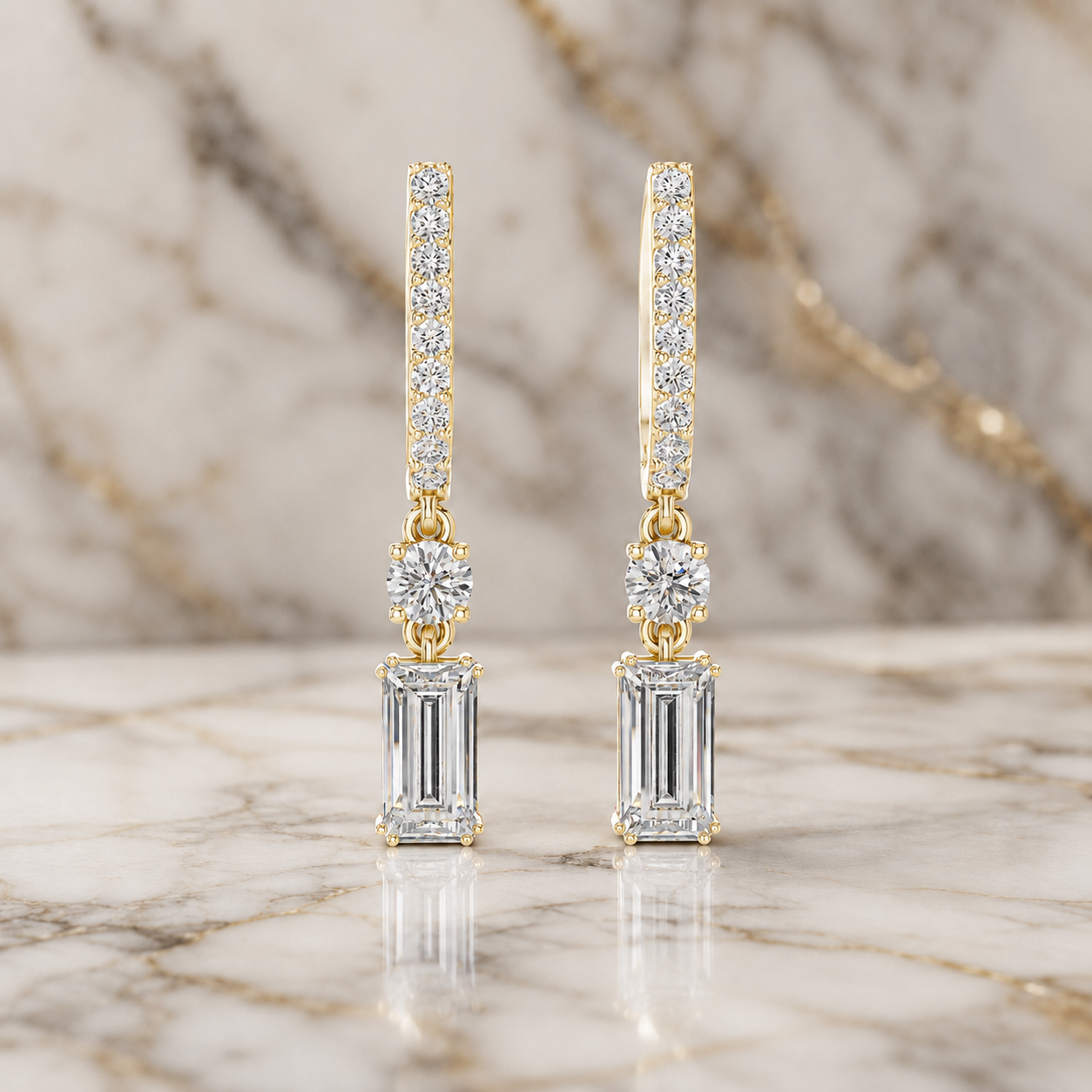 Emerald & Round Lab Grown Diamond Drop Earrings Pavé 18K Gold Dangle Design