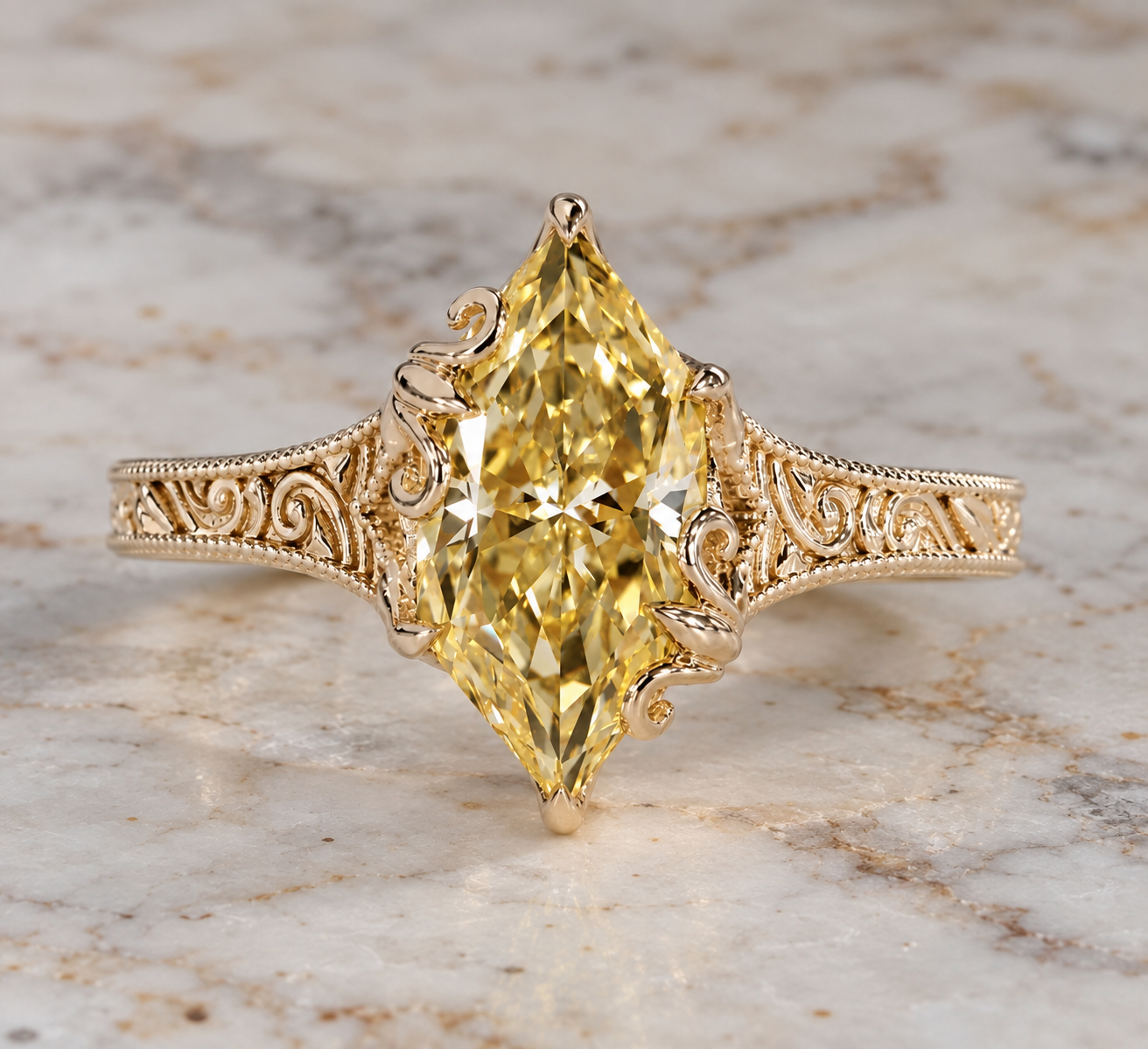 Yellow Dutch Marquise Lab Grown Diamond Engagement Ring Art Deco Tulip 14K Gold IGI Certified VVS2 - VS1