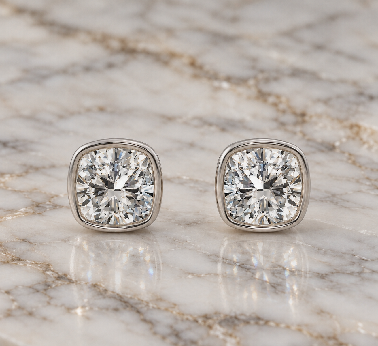 Cushion Lab Grown Diamond Stud Earrings Bezel Solitaire Platinum IGI Certified E VVS2