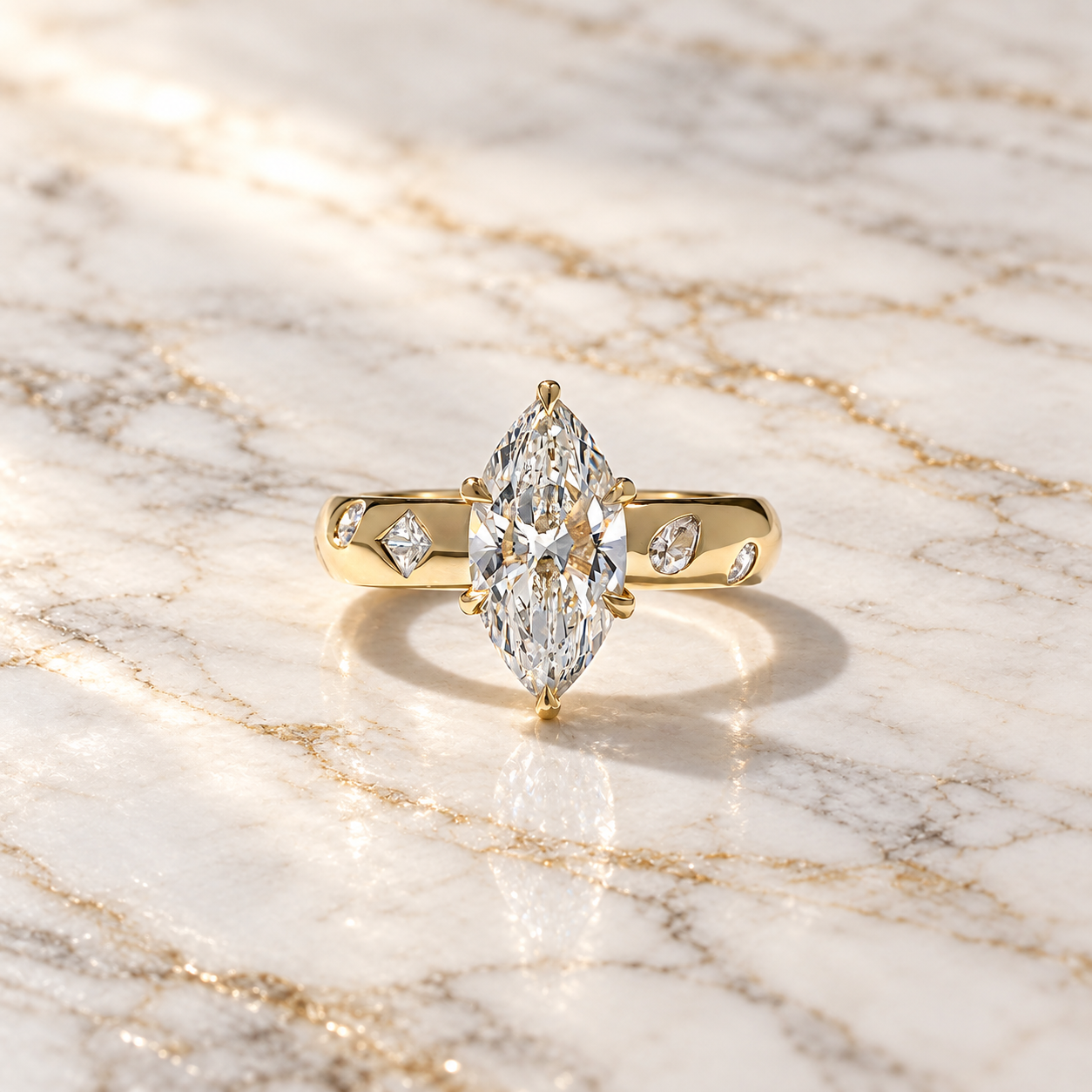Marquise Lab Grown Diamond Engagement Ring Scattered Solitaire 14K Yellow Gold E VVS2