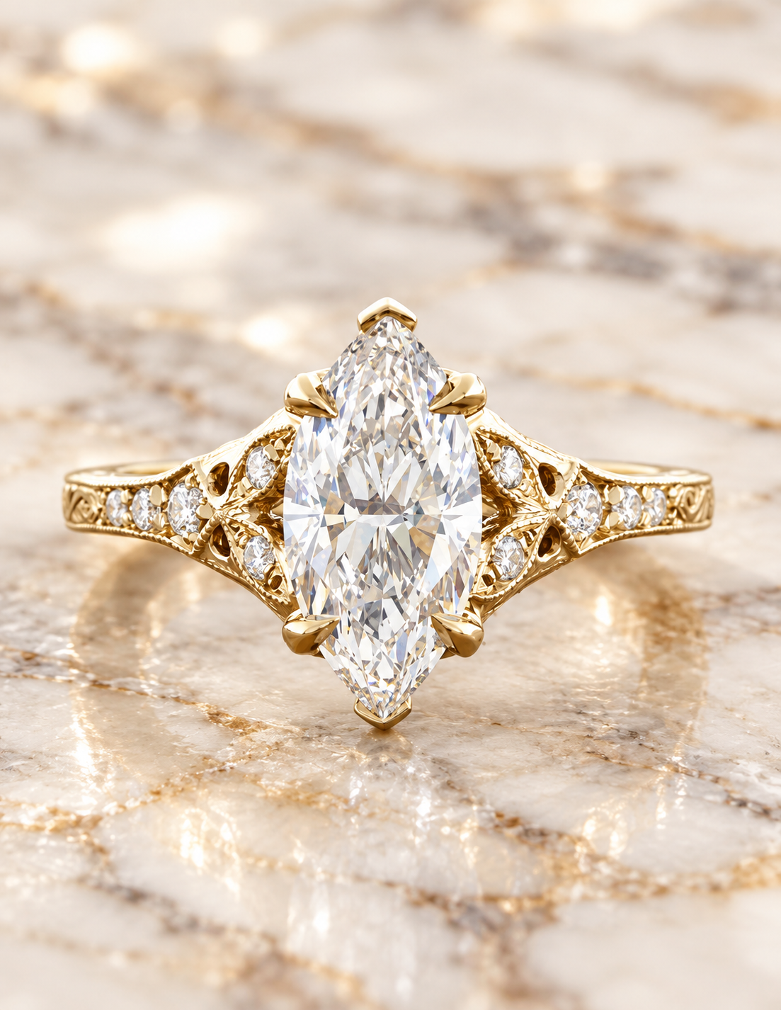 Marquise Lab Grown Diamond Engagement Ring Vintage Split-Shank 14K Yellow Gold E VVS2 1.5 Carat