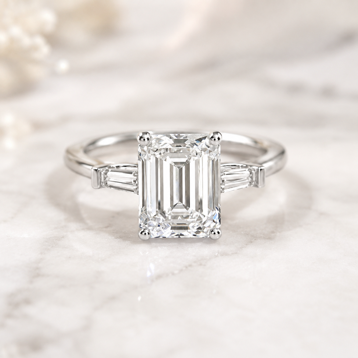 Emerald Cut Lab Grown Diamond Engagement Ring Three Stone Tapered Baguette 14K White Gold Four-Prong Bar-Set Setting