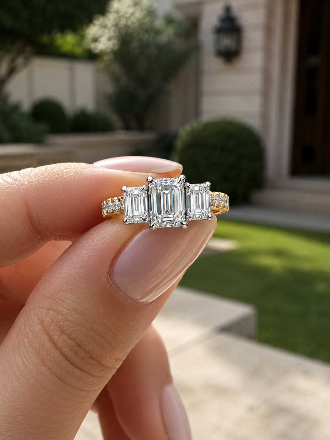 Emerald Cut Lab Grown Diamond Engagement Ring Three Stone 14K Yellow Gold IGI Certified 4 Carat