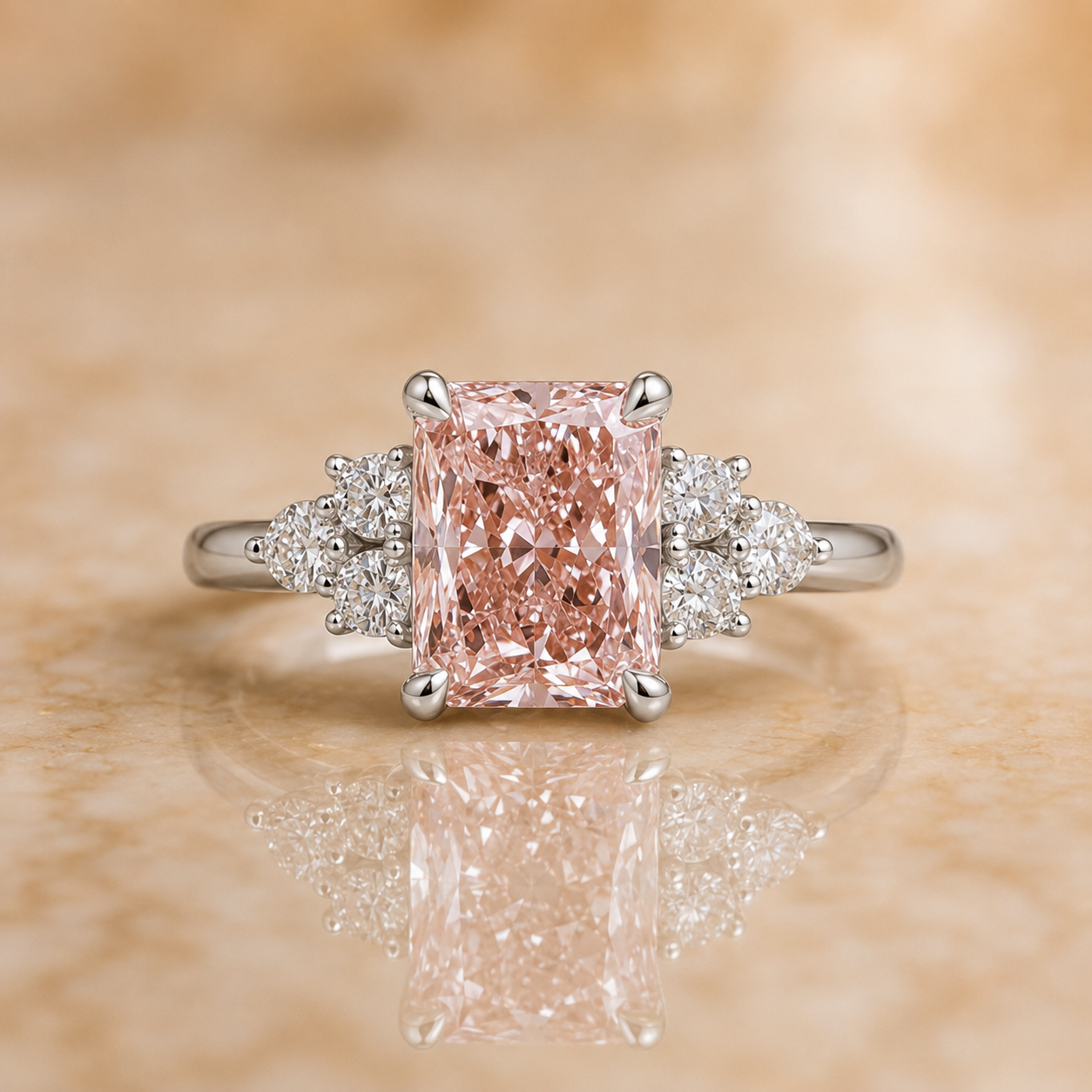 Fancy Vivid Pink Radiant Lab Grown Diamond Engagement Ring Three Stone 18K White Gold  IGI Certified 3.30 Carat