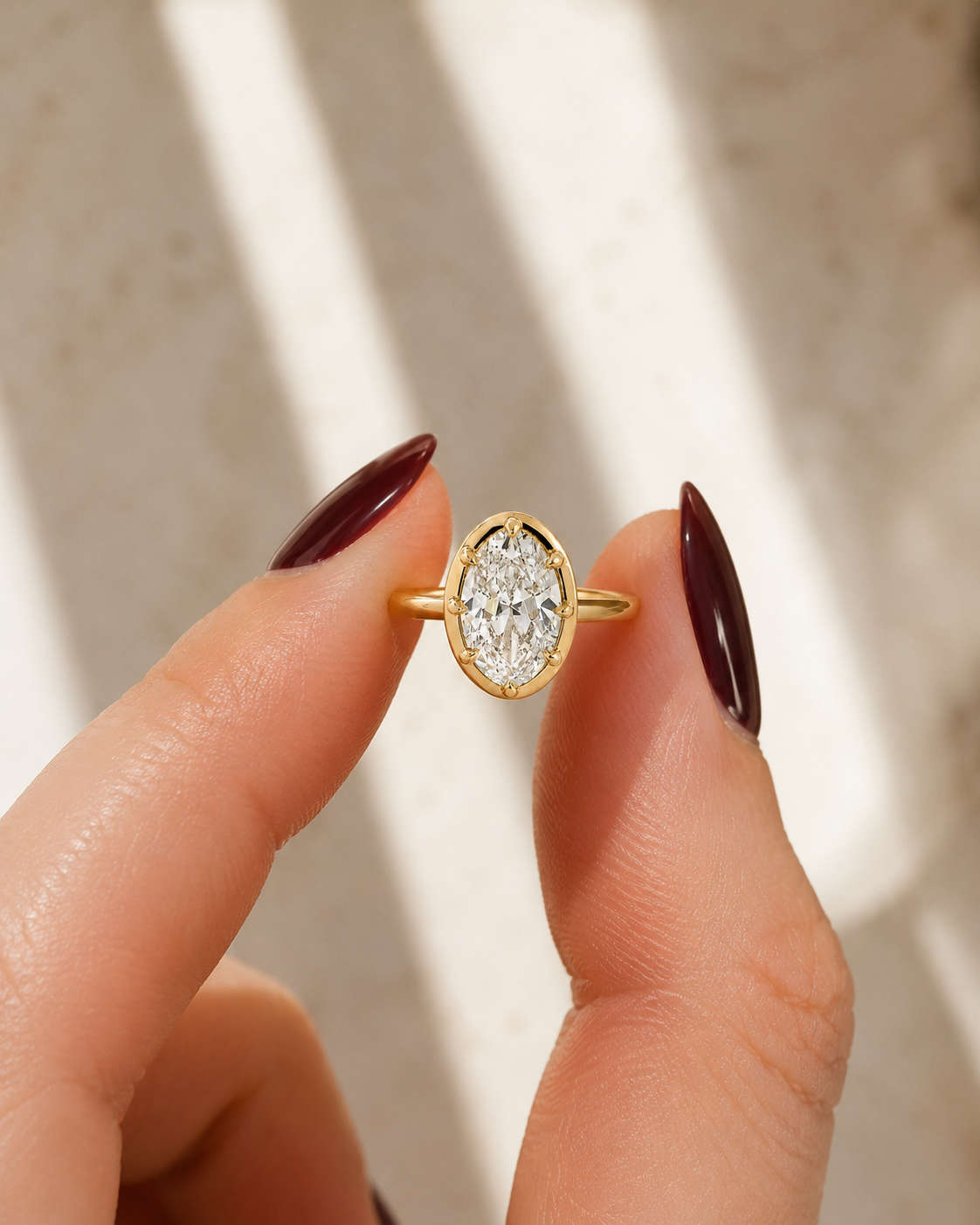 Oval Lab Grown Diamond Engagement Ring Bezel Hidden Halo 14K Yellow Gold Comfort-Fit Band