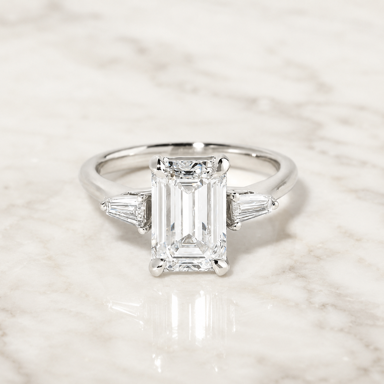 Emerald Cut Lab Grown Diamond Engagement Ring Three Stone 14K White Gold Tapered Baguette,  E VVS2