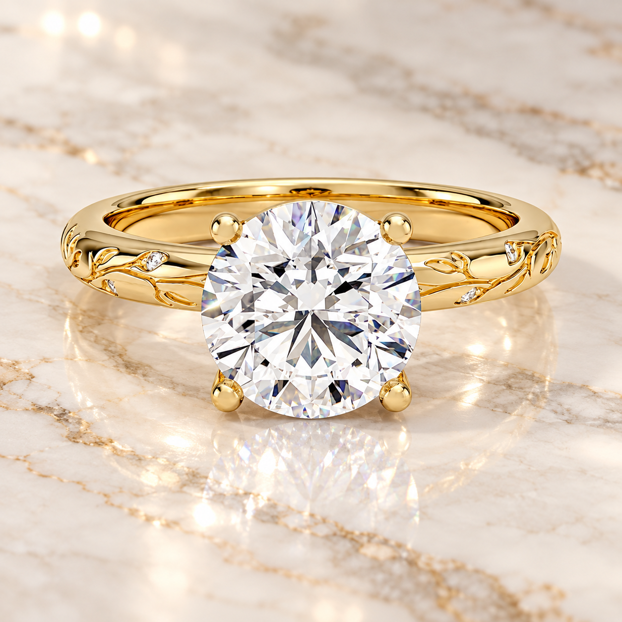Round Lab-Grown Diamond Engagement Ring, 18K Yellow Gold, Nature-Inspired Engraved Band