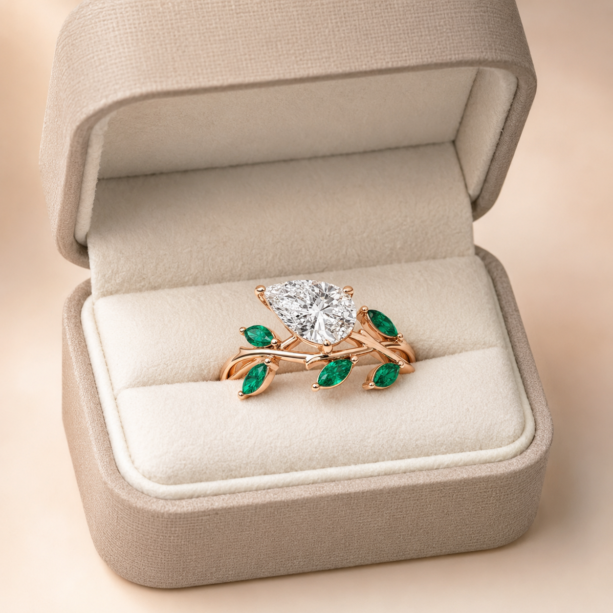 Pear Lab Grown Diamond Engagement Ring Branch Side Stone 14K Rose Gold Marquise Emerald Accents, IGI Certified