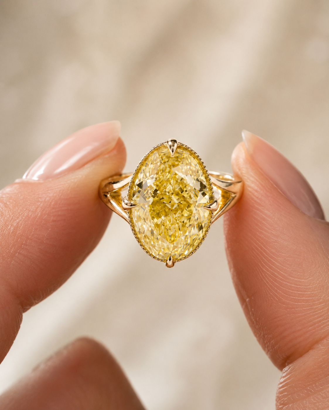 Fancy Yellow Oval Lab Grown Diamond Engagement Ring – Milgrain Bezel, 14K Gold