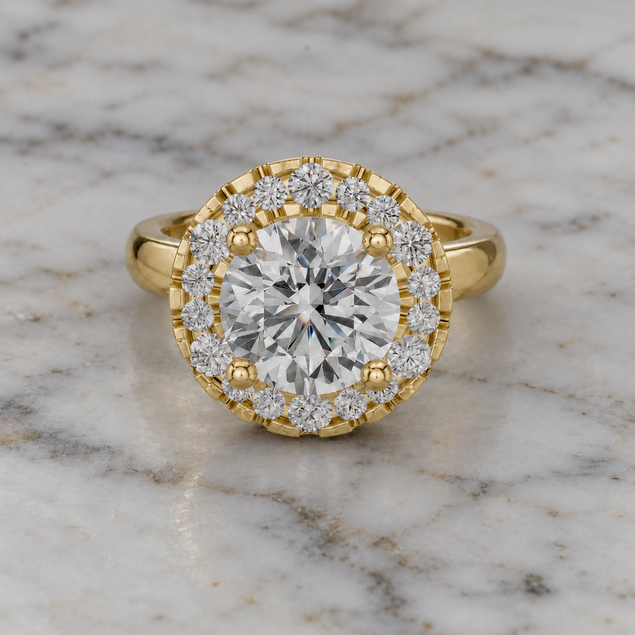 Round Lab Grown Diamond Engagement Ring Vintage Halo 18K Yellow Gold IGI Certified
