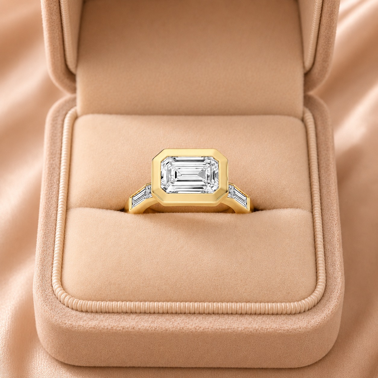 Emerald Cut Lab Grown Diamond Engagement Ring East-West Bezel 14K Yellow Gold IGI Certified 3.5 Carat