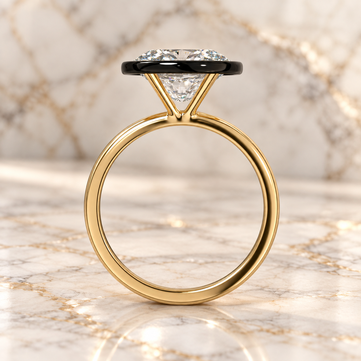 East West Oval Lab Grown Diamond Engagement Ring Blackened Bezel 14K Yellow Gold Solitaire Setting