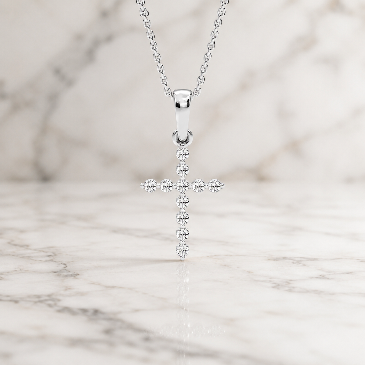 Round Lab Grown Diamond Cross Pendant Necklace Shared Prong 14K White Gold Adjustable Chain for Her