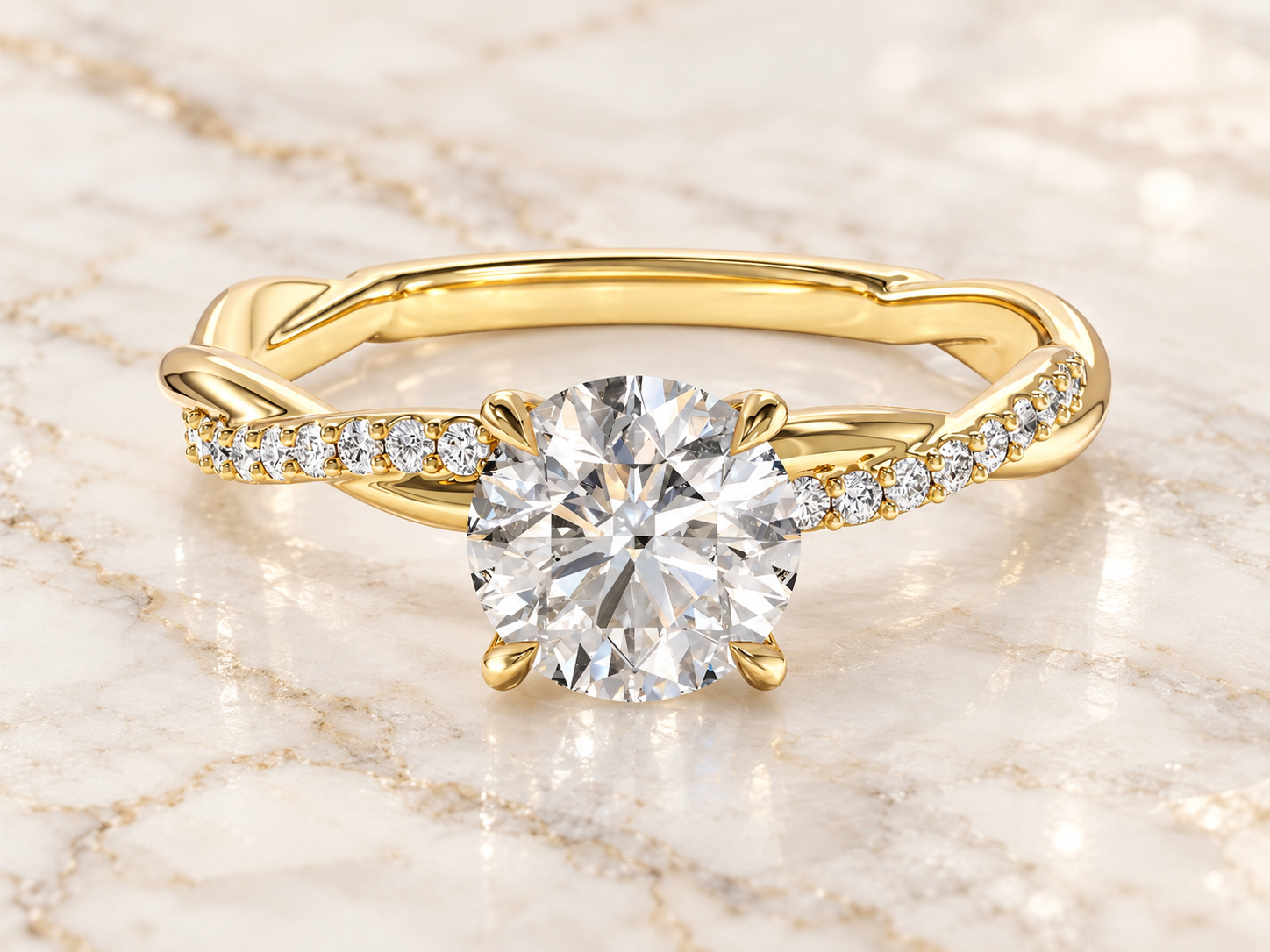 Round Lab Grown Diamond Engagement Ring Twisted Vine Band 14K Yellow IGI Certified