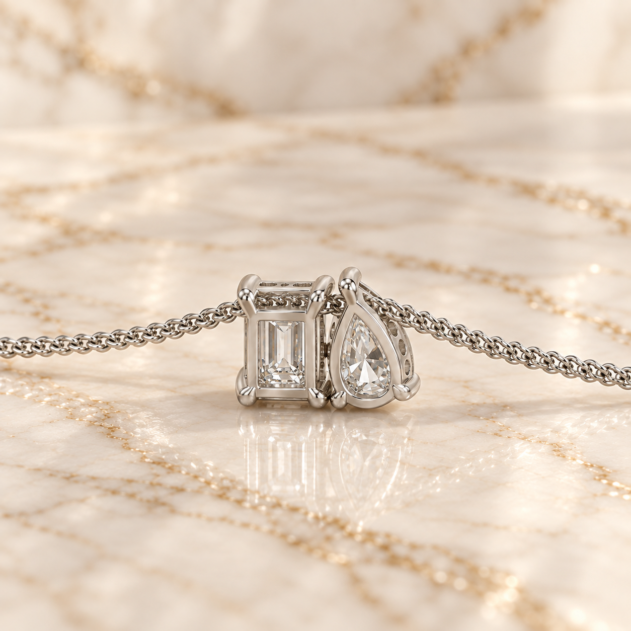 Toi et Moi Lab Diamond Pendant: Pear & Emerald Cut, 14K White Gold Necklace