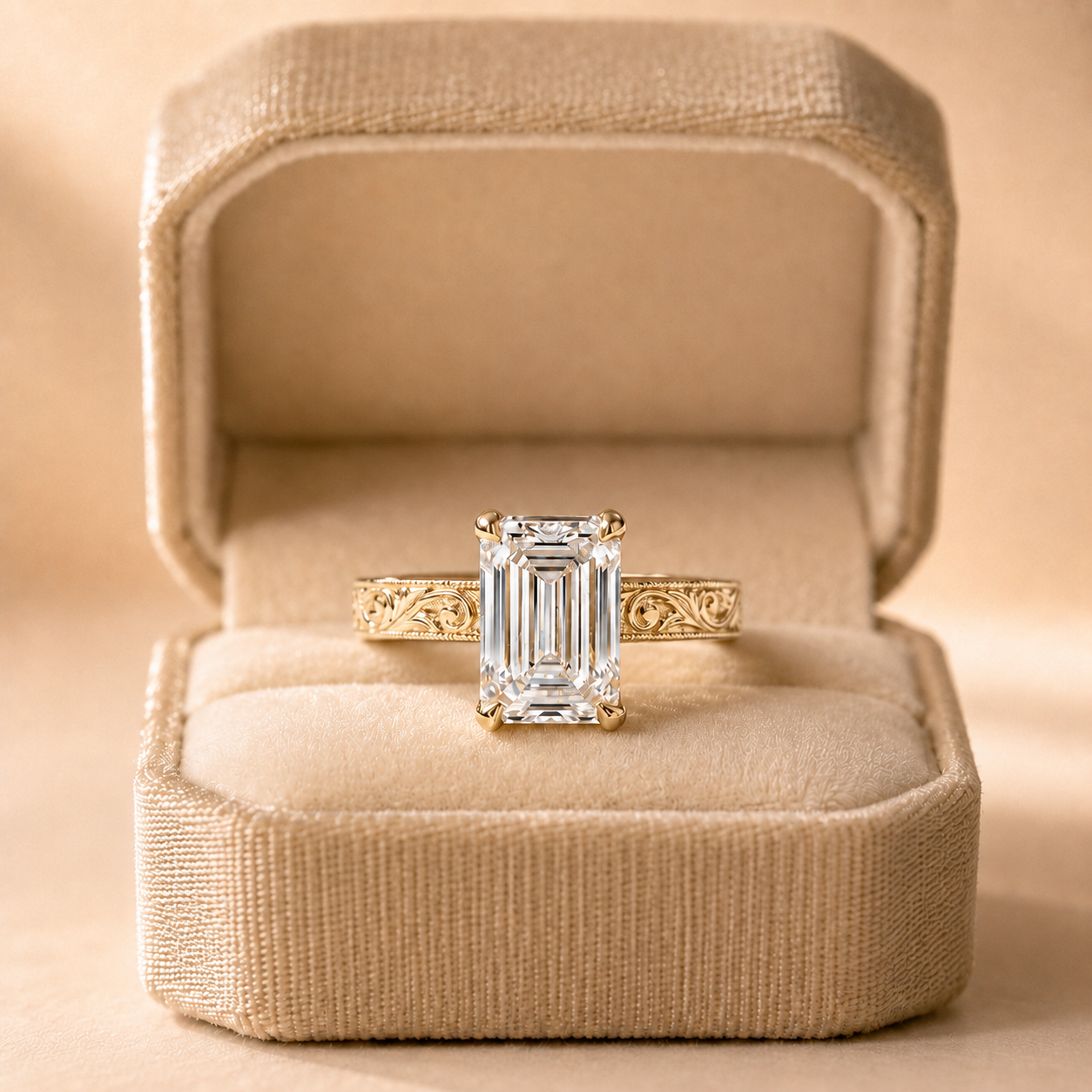 Emerald Cut Lab Grown Diamond Engagement Ring Vintage Solitaire 14K Yellow Gold IGI Certified 3ct