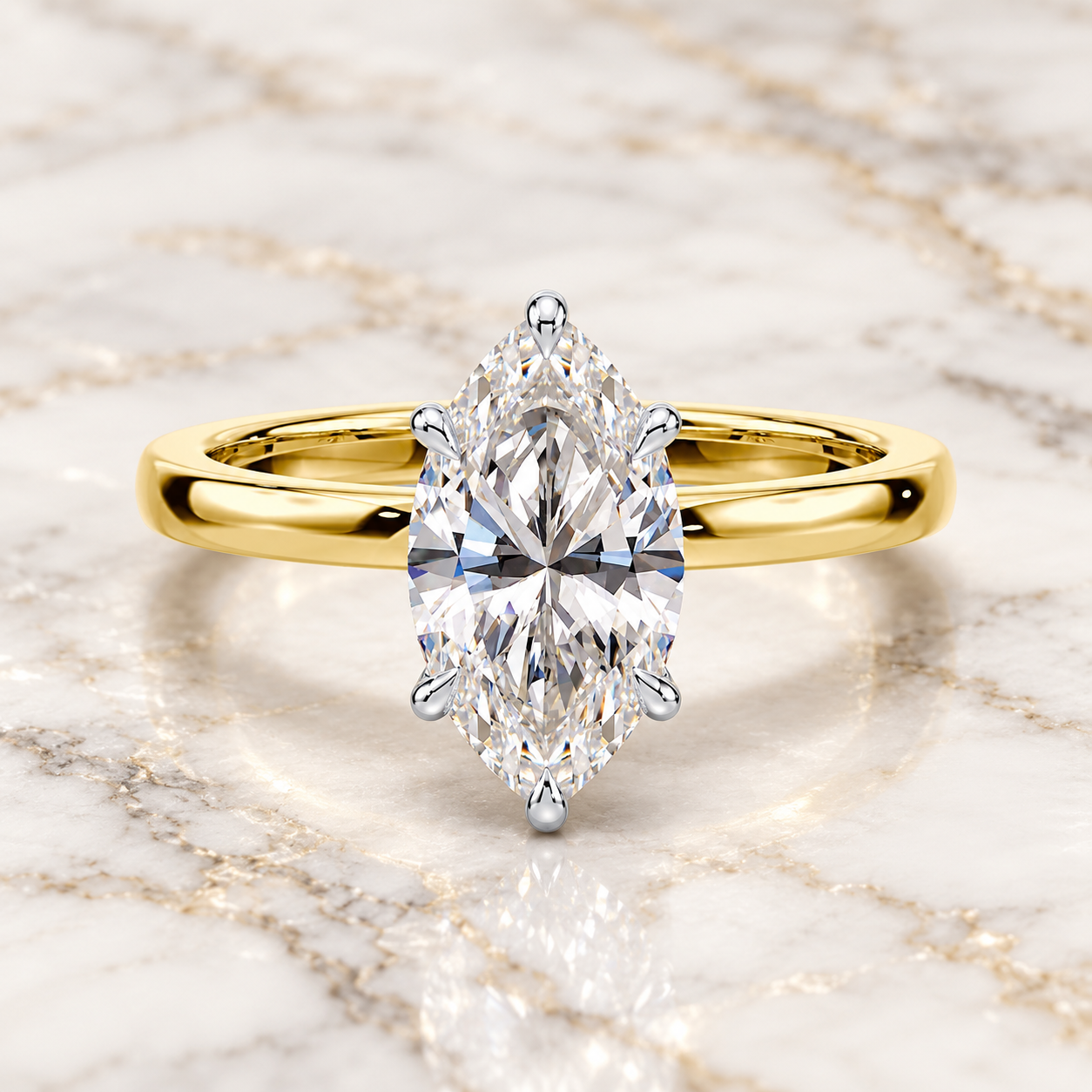 Marquise Lab Grown Diamond Engagement Ring Solitaire Two Tone 14K Yellow Gold IGI Certified