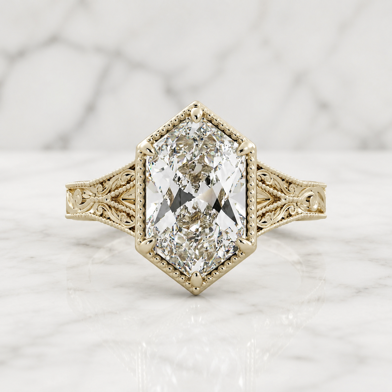 Duchess Cut Lab Grown Diamond Engagement Ring Split Shank 14K Yellow Gold Milgrain Bezel