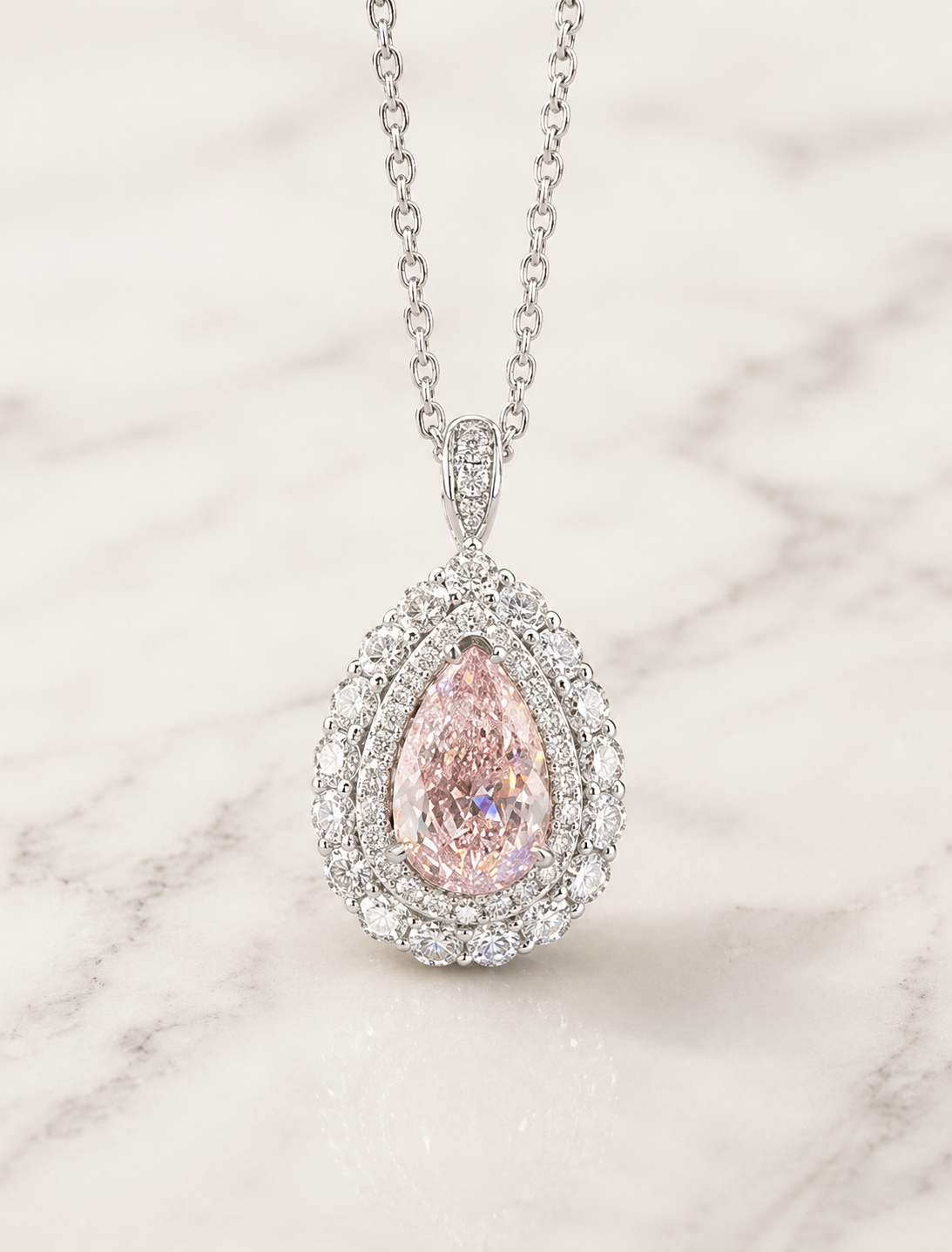 Pink Pear Lab Grown Diamond Pendant Necklace Double Halo 14K White Gold Pavé Bail for Her
