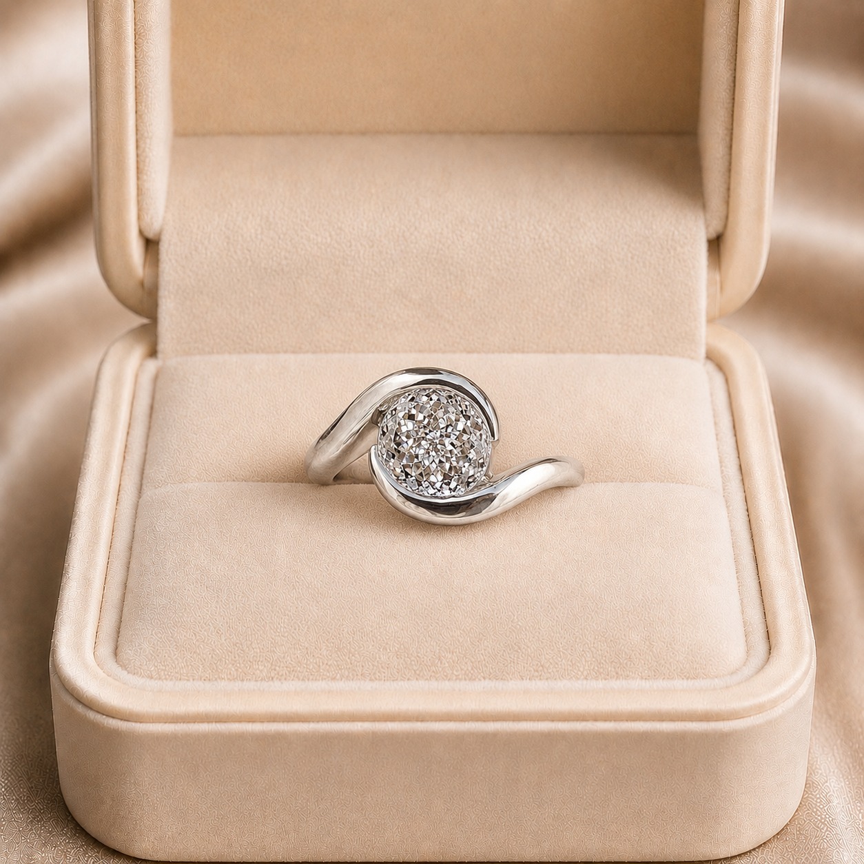 Portuguese Cut Lab Grown Diamond Engagement Ring Bypass Half Bezel 14K White Gold IGI Certified 1 Carat