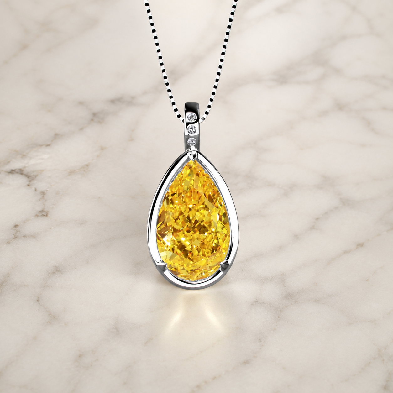 Yellow Pear Lab Diamond Pendant Necklace, 14K White Gold Bezel Solitaire (IGI Certified)