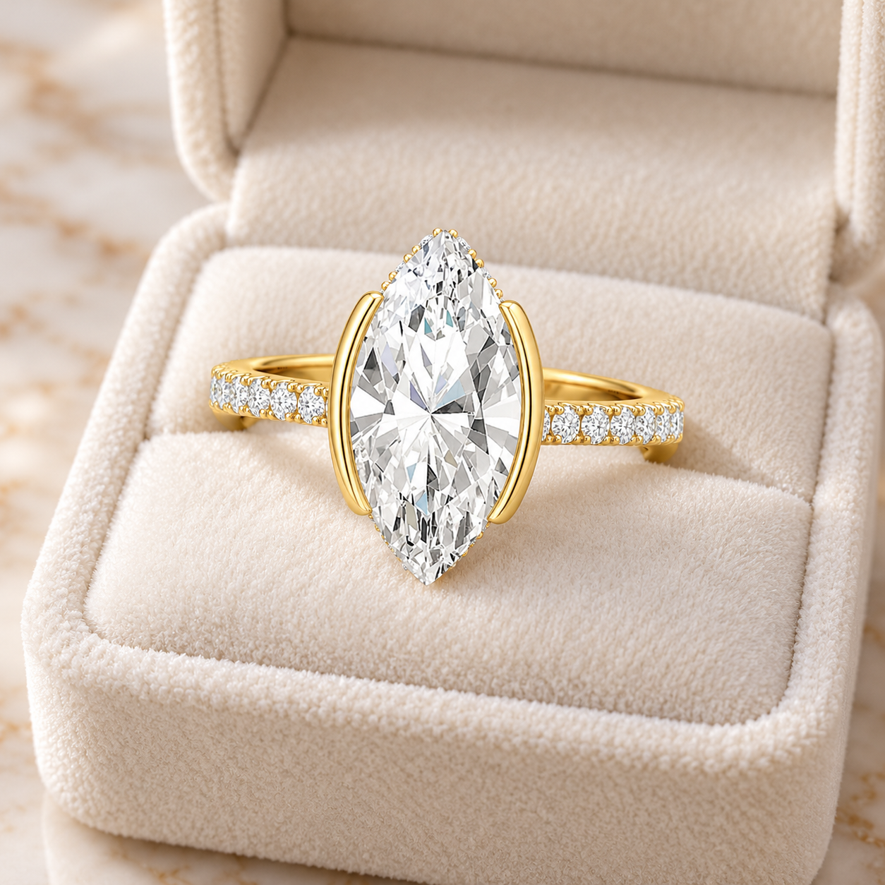 Marquise Lab Grown Diamond Engagement Ring: Half Bezel, Pavé Band, 14K White Gold