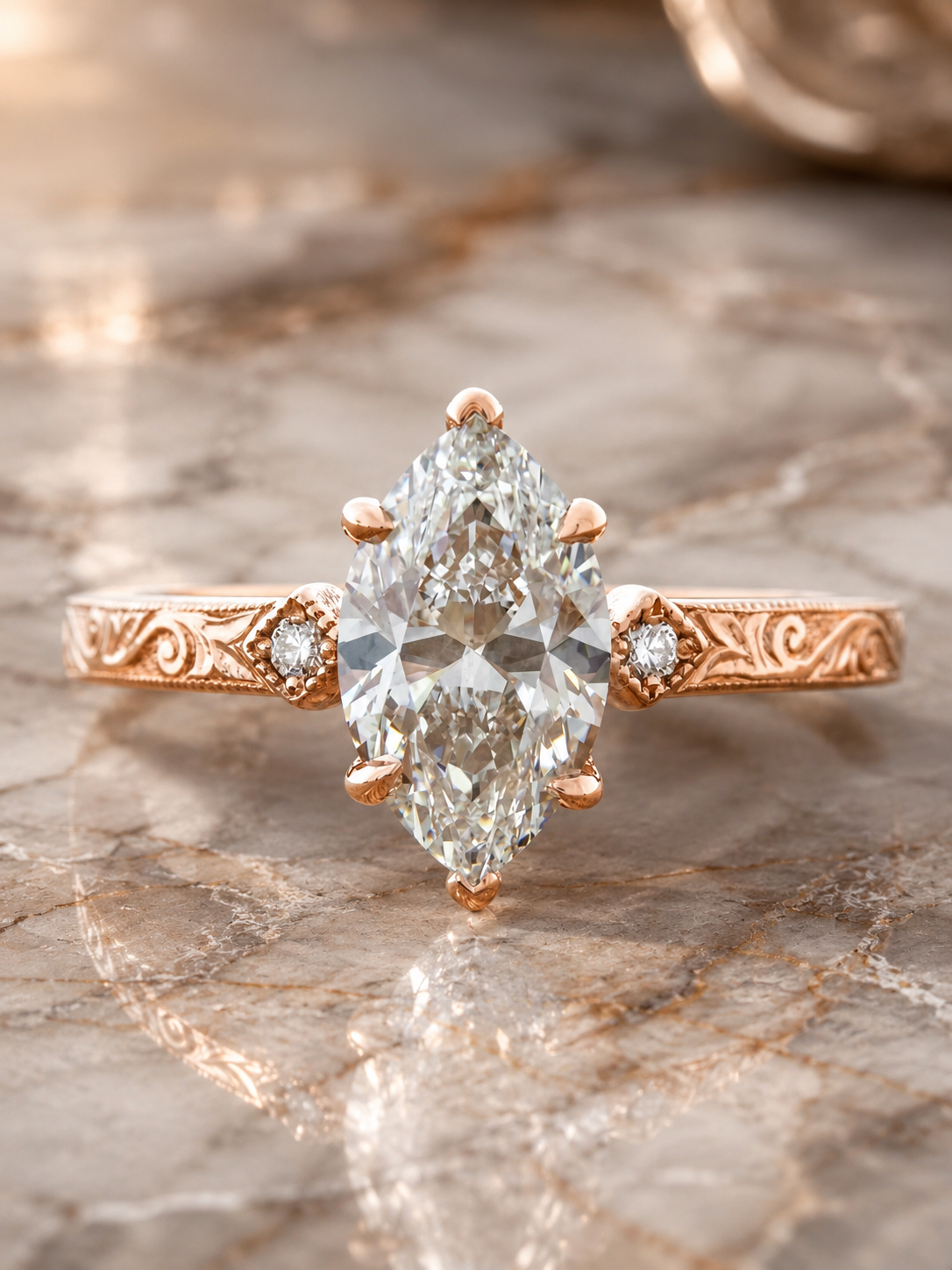 Marquise Lab Grown Diamond Engagement Ring Vintage Engraved Solitaire 14K Rose Gold E VVS2