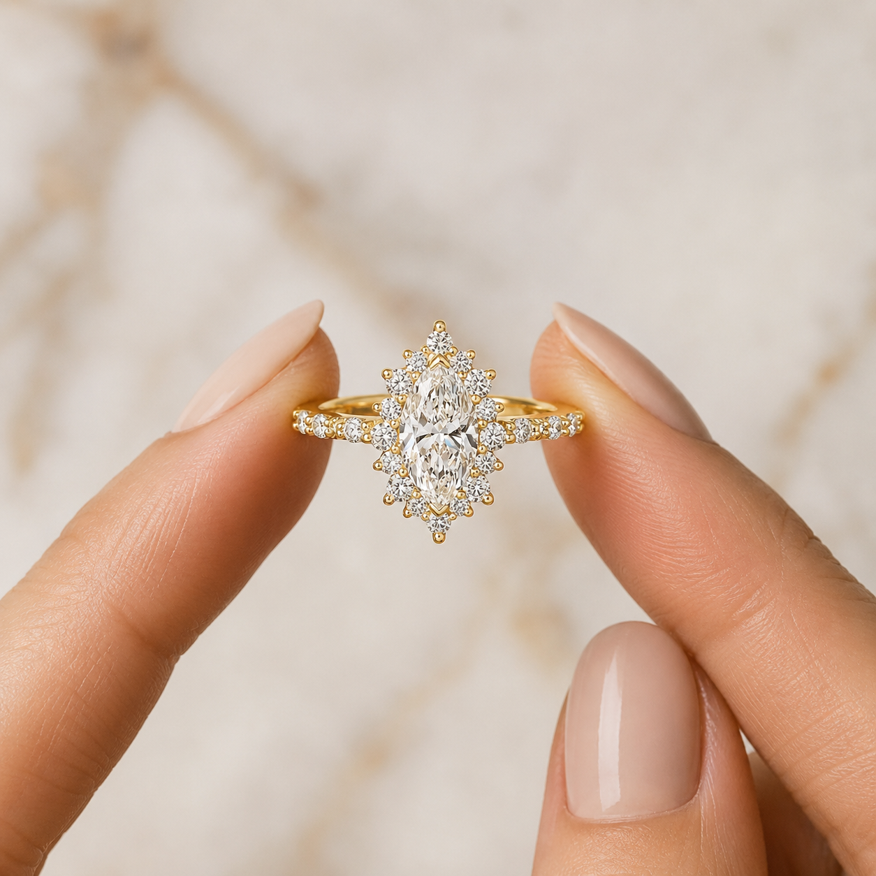 Marquise Lab Grown Diamond Engagement Ring  Vintage Alternating Halo Solid Gold E VVS2 Accent Diamonds