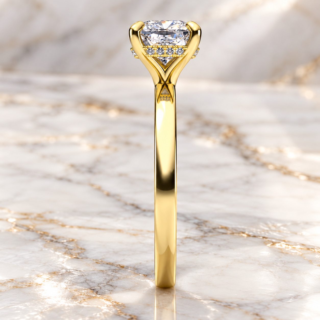 Cushion Lab Grown Diamond Engagement Ring Hidden Halo Solitaire 14K Yellow Gold VVS2 E