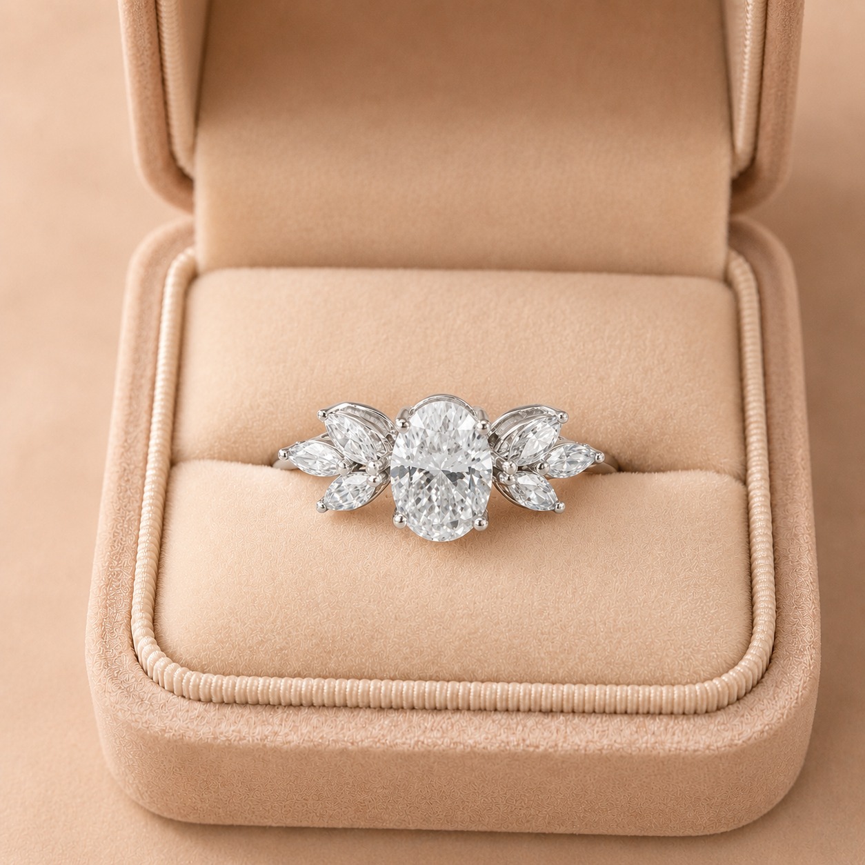 Oval Lab Grown Diamond Engagement Ring Marquise Petal Accent 14K White Gold E VVS2