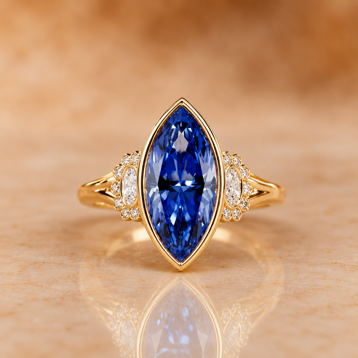 Marquise Lab Grown Blue Sapphire Engagement Ring Diamond Halo Bezel 14K Yellow Gold Split Shank