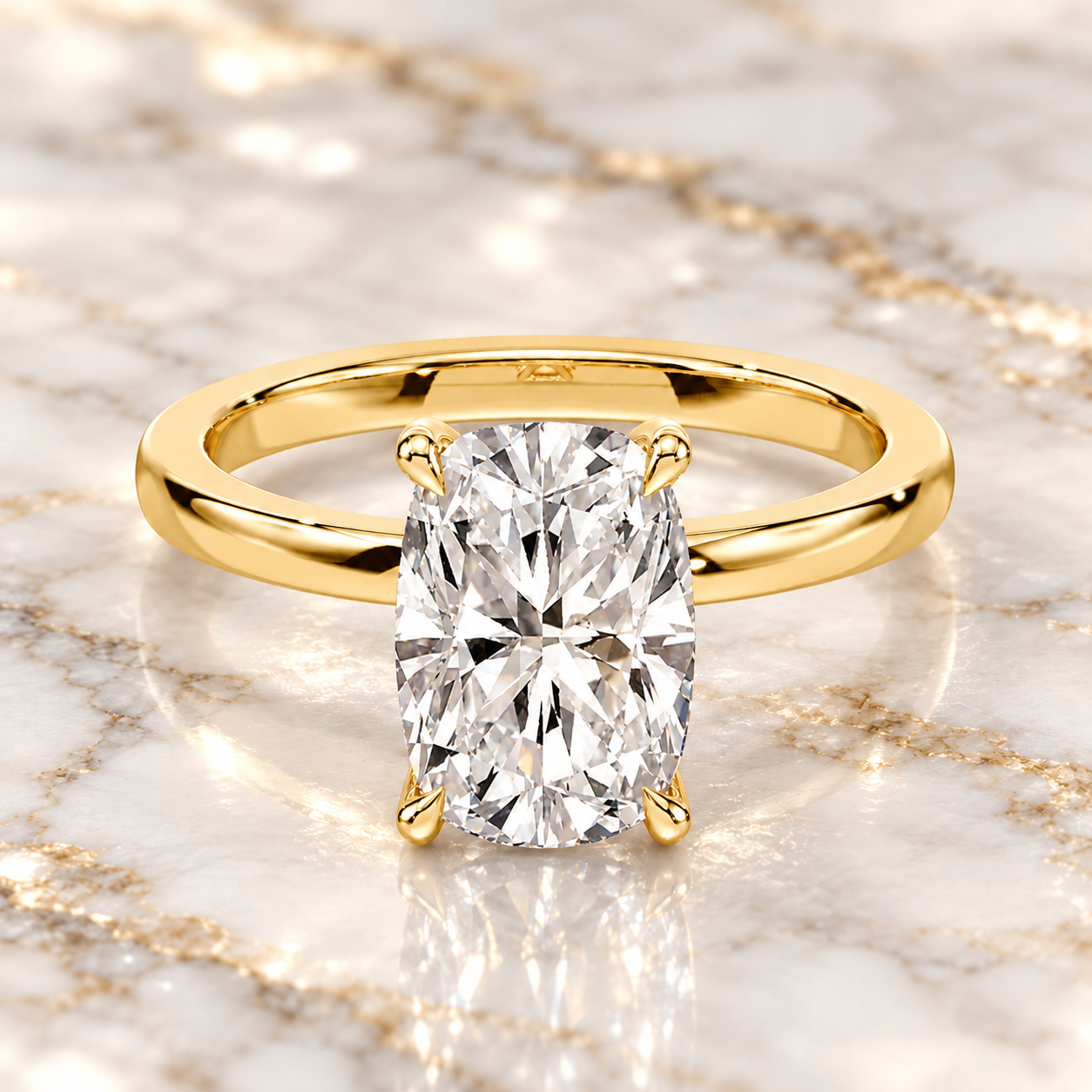 Cushion Lab Grown Diamond Engagement Ring Hidden Halo Solitaire 14K Yellow Gold VVS2 E