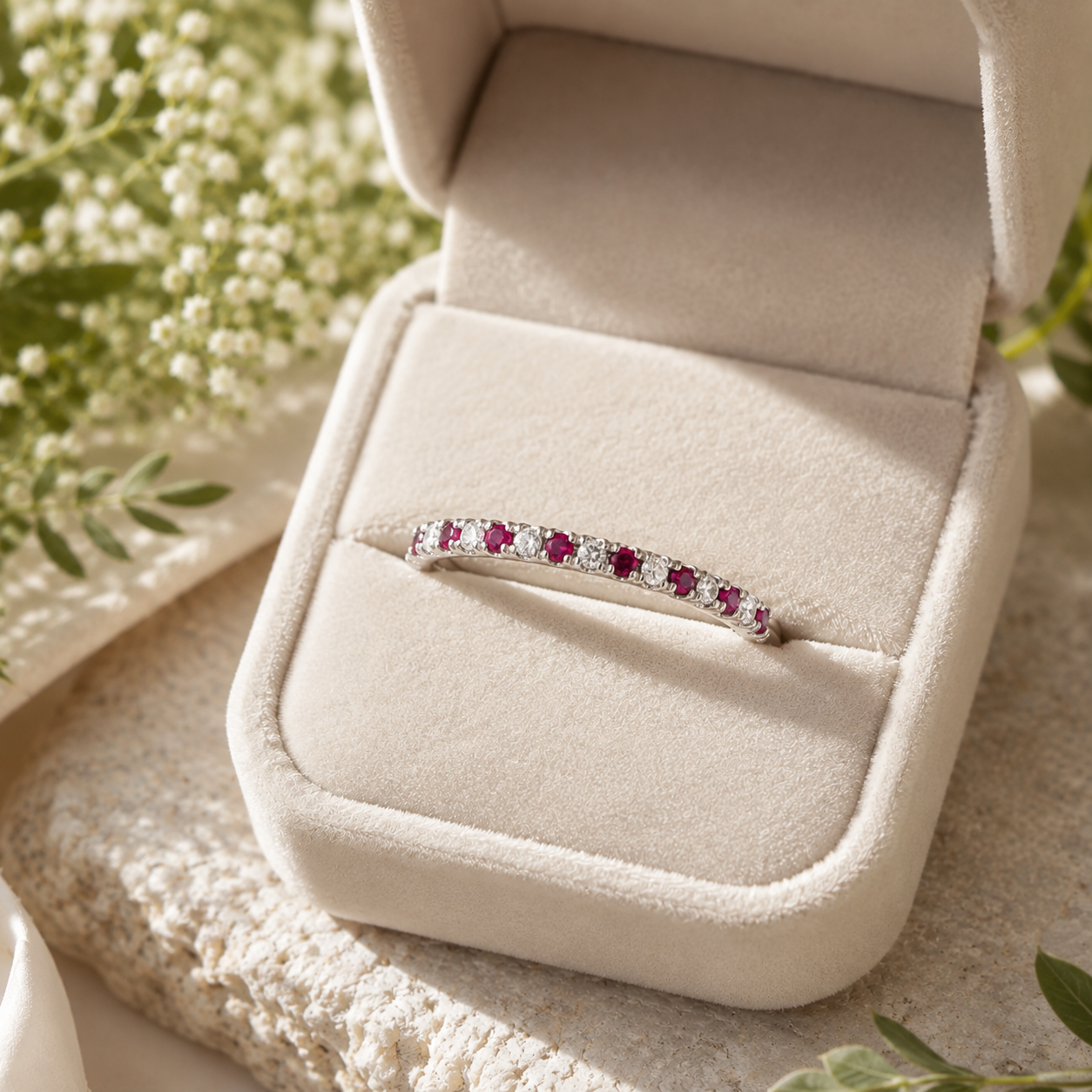 Round Lab Grown Diamond & Ruby Wedding Band Pave 14K White Gold 2.2mm Stackable Ring