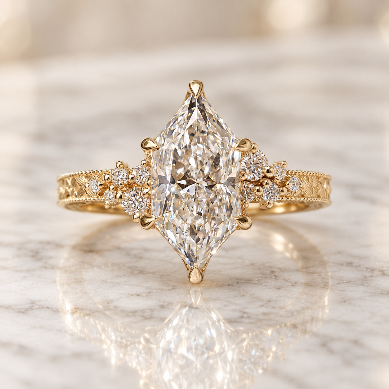 Marquise Lab Grown Diamond Engagement Ring Vintage Tulip 14K Yellow Gold IGI Certified