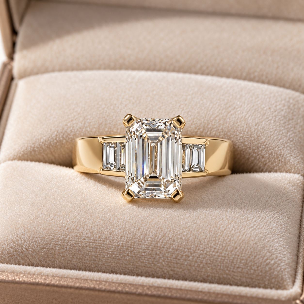 Emerald Cut Lab Grown Diamond Engagement Ring, Baguette Side Stones, 14K Yellow Gold Tapered Band