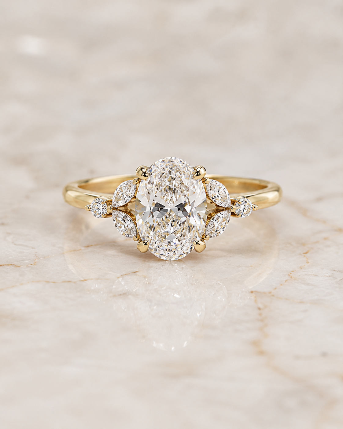 Oval Lab Grown Diamond Engagement Ring  Floral Cluster 14K Yellow Gold IGI Certified 1.54 Carat E VVS2