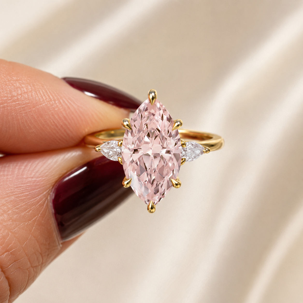 Pink Marquise Lab Grown Diamond Engagement Ring Three Stone 14K Yellow Gold Pear Side Stones
