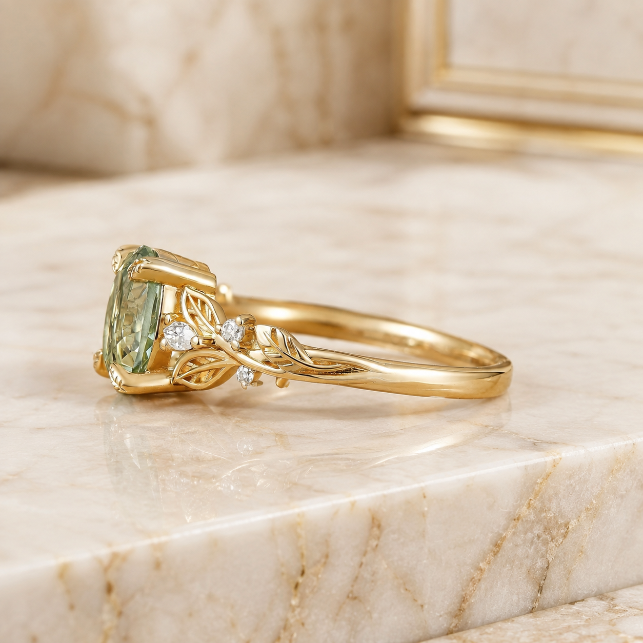Oval Green Sapphire Engagement Ring Leaf & Vine 14K Yellow Gold Nature Inspired Diamond Accents