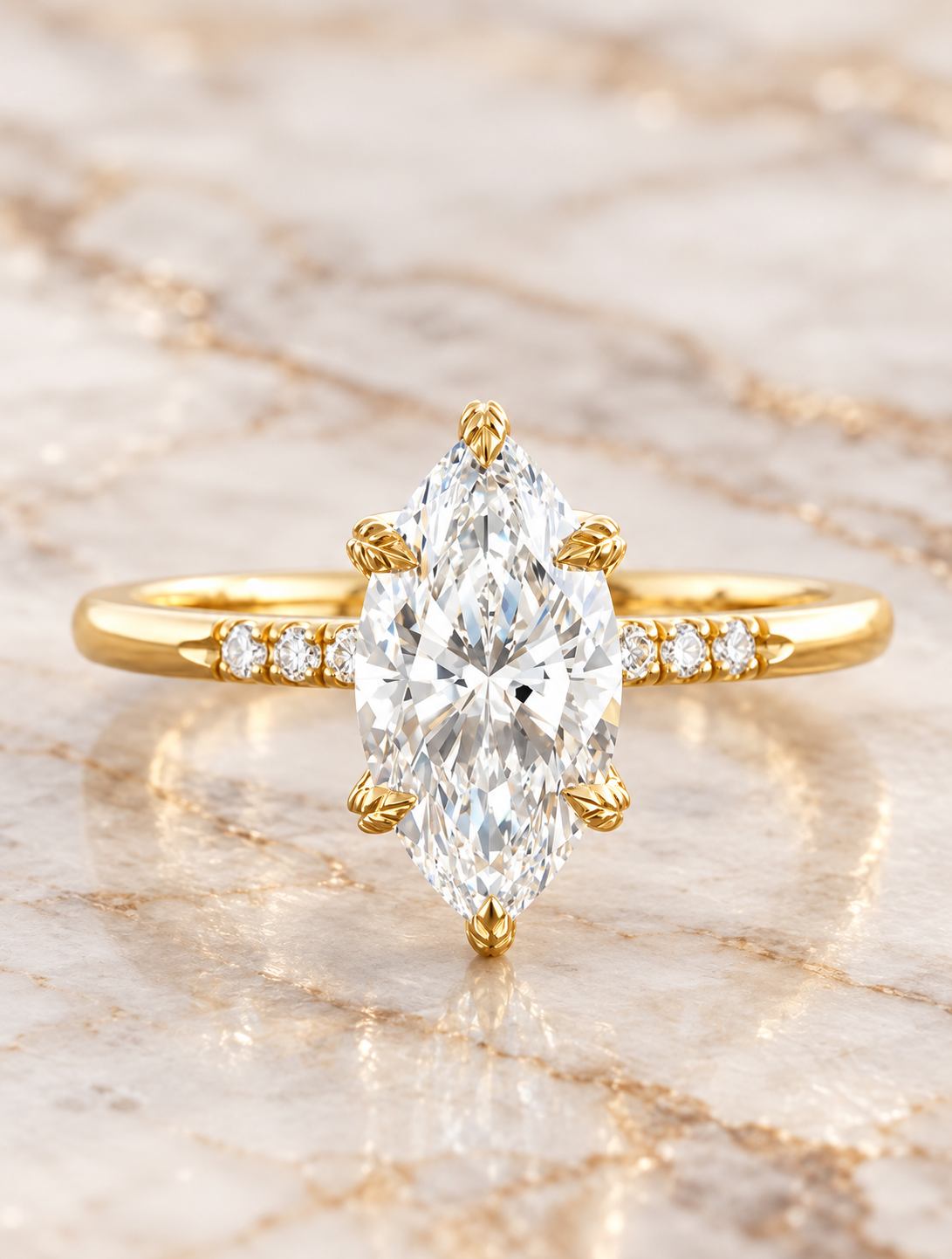 Marquise Lab Grown Diamond Engagement Ring Solitaire Pave Band 14K Yellow Gold IGI Certified