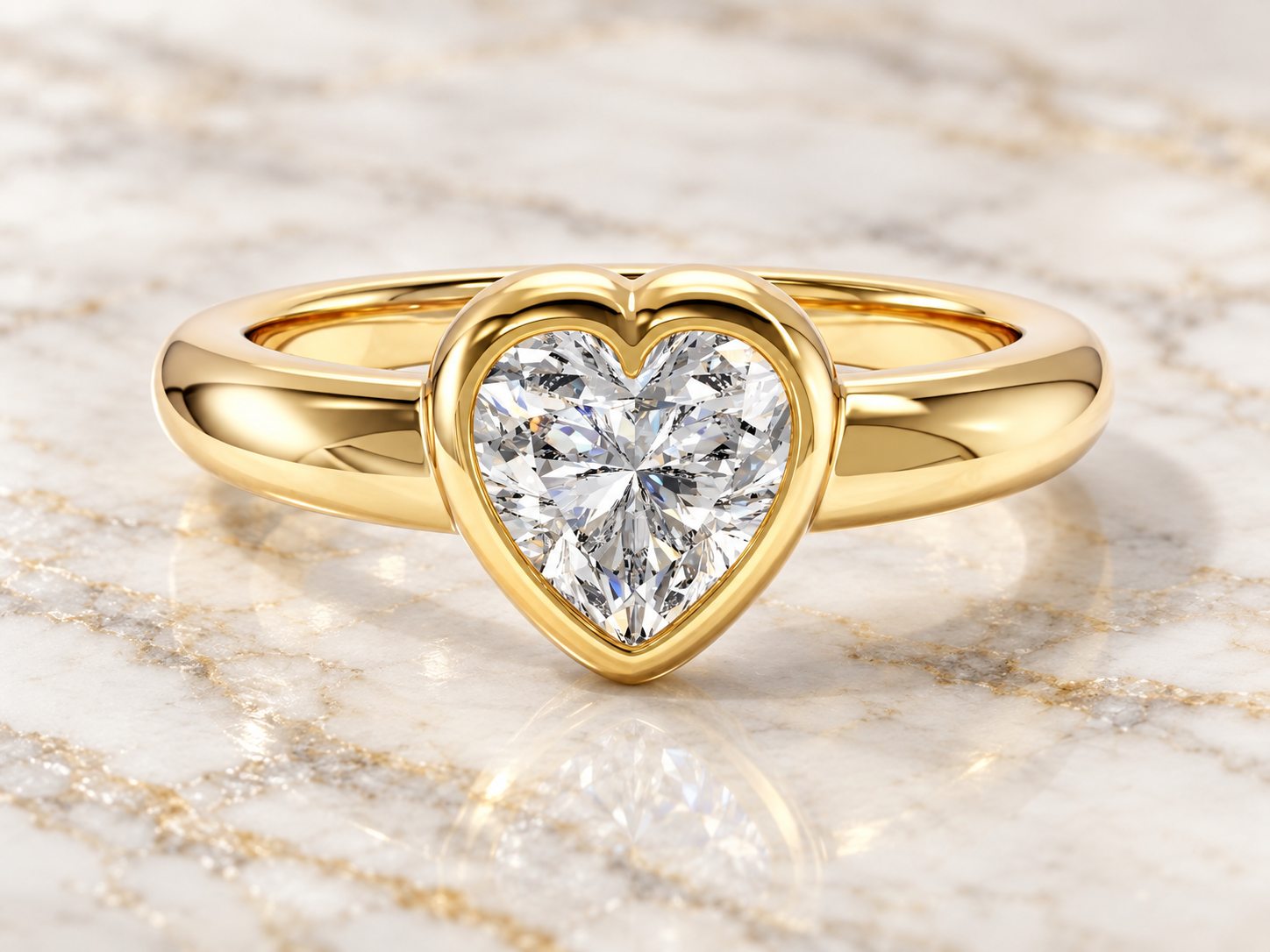 Heart Lab Diamond Engagement Ring: 14K Yellow Gold Dome Bezel Solitaire