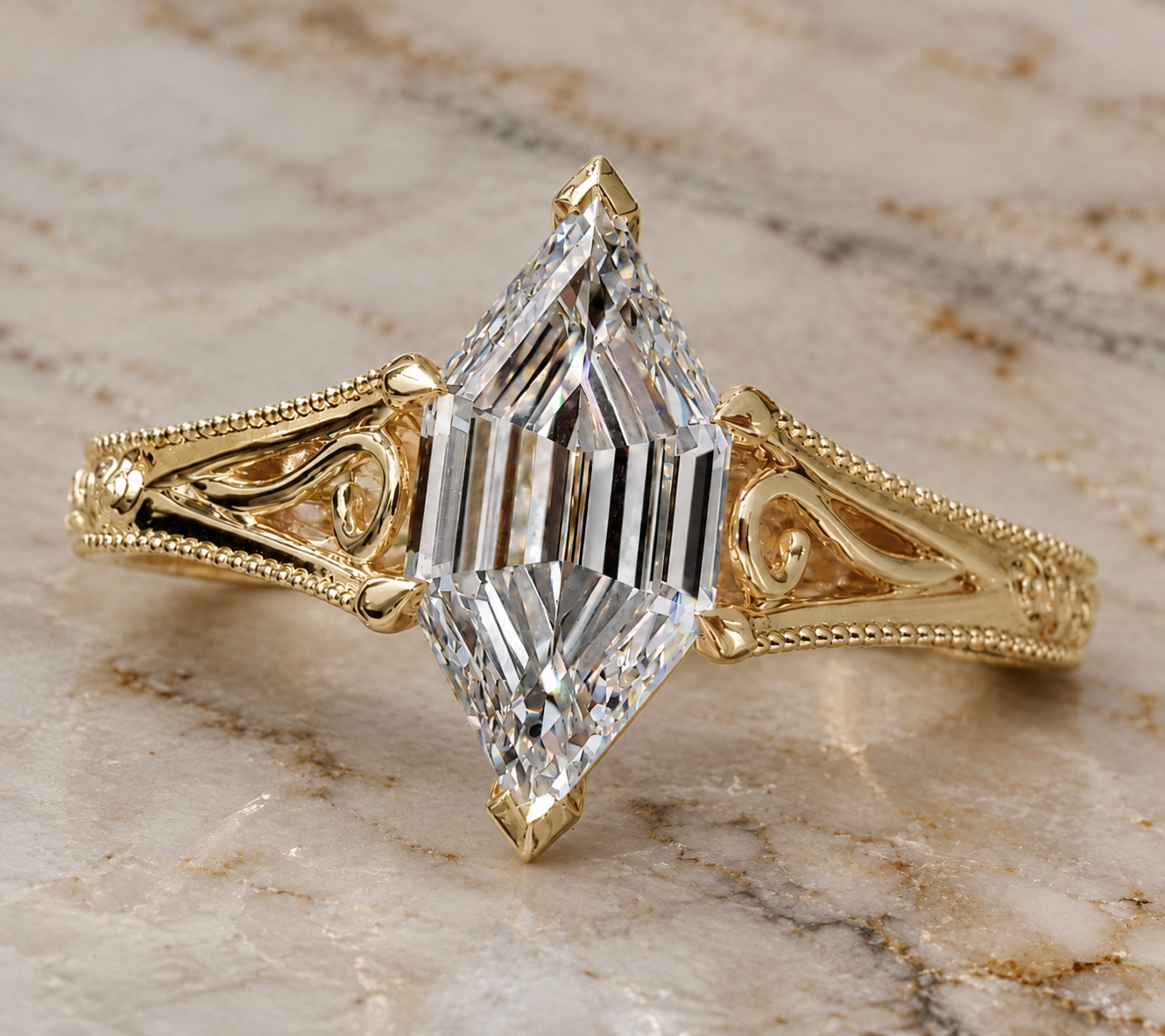 Hexagon Lab Grown Diamond Engagement Ring Vintage Milgrain Solitaire 14K Yellow Gold IGI Certified