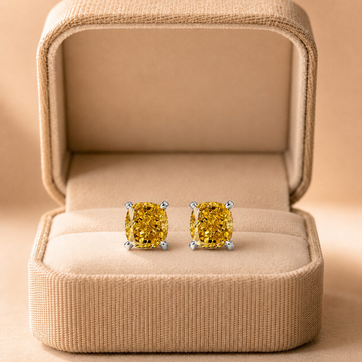 Yellow Cushion Lab Grown Diamond Stud Earrings Hidden Halo 14K White Gold IGI Certified 3.5 Carat