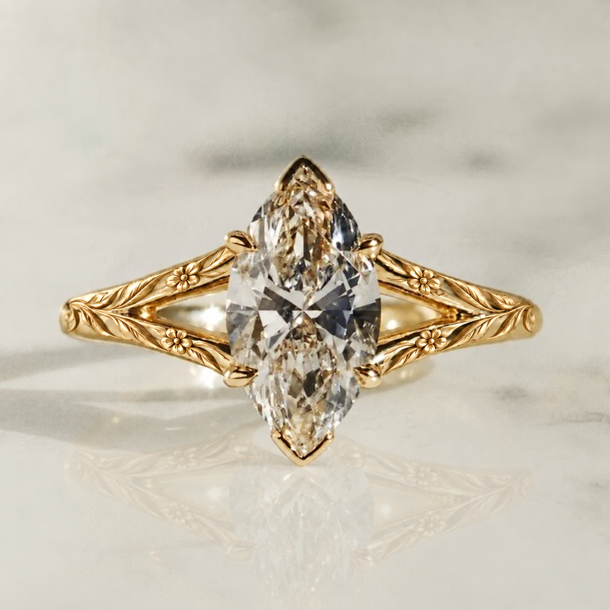 Marquise Lab Grown Diamond Engagement Ring Split Shank Solitaire 14K Yellow Gold Elongated Center Stone