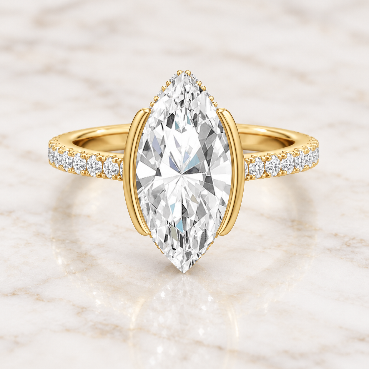 Marquise Lab Grown Diamond Engagement Ring: Half Bezel, Pavé Band, 14K White Gold