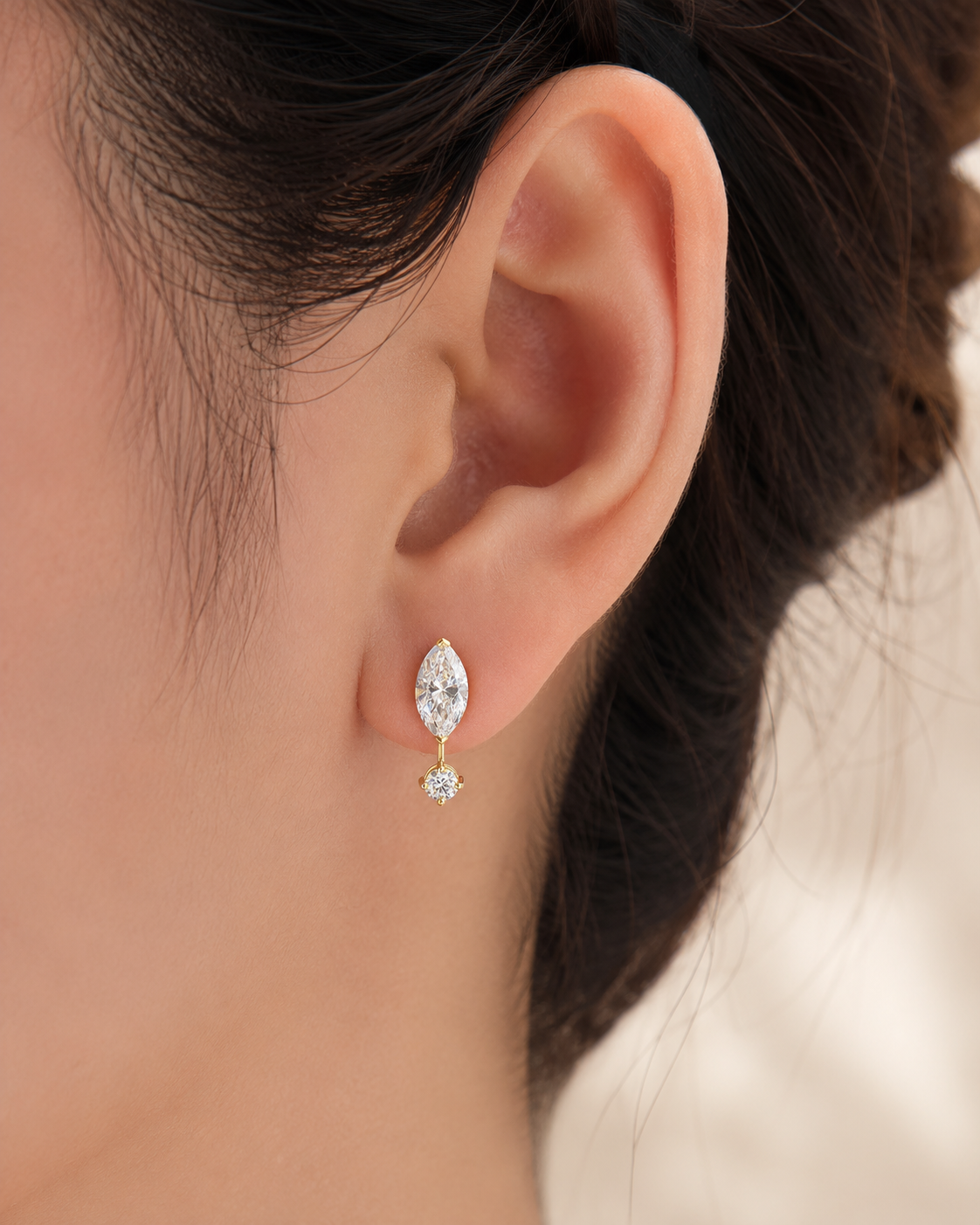 Marquise Lab Grown Diamond Earrings Round Accent Jacket 14K Yellow Gold Studs for Her